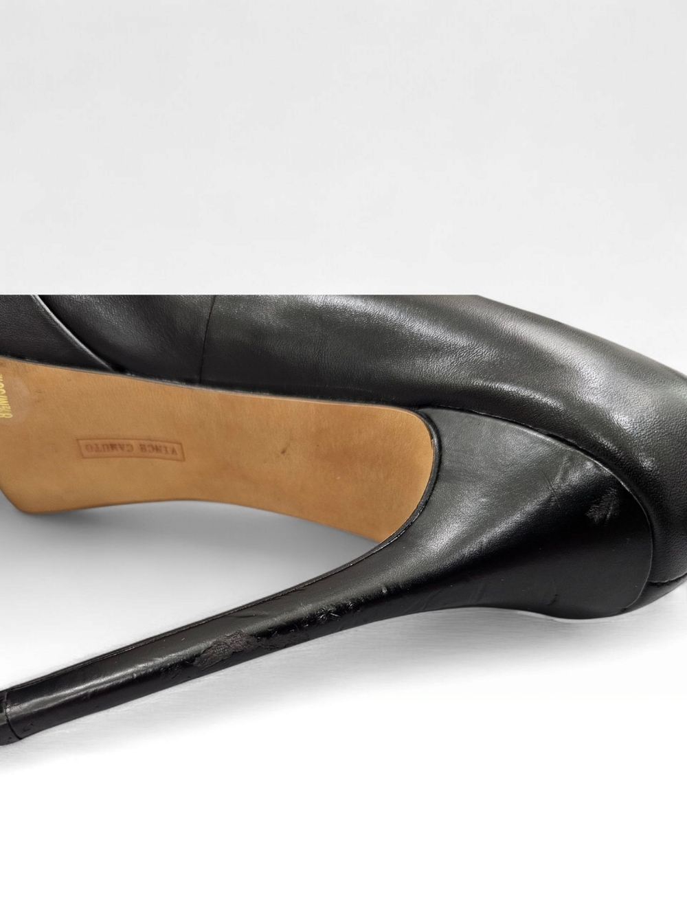 VINCE CAMUTO Lainey Black Leather Platform Peep Toe Stiletto Pumps 8.5M - Picture 7 of 10